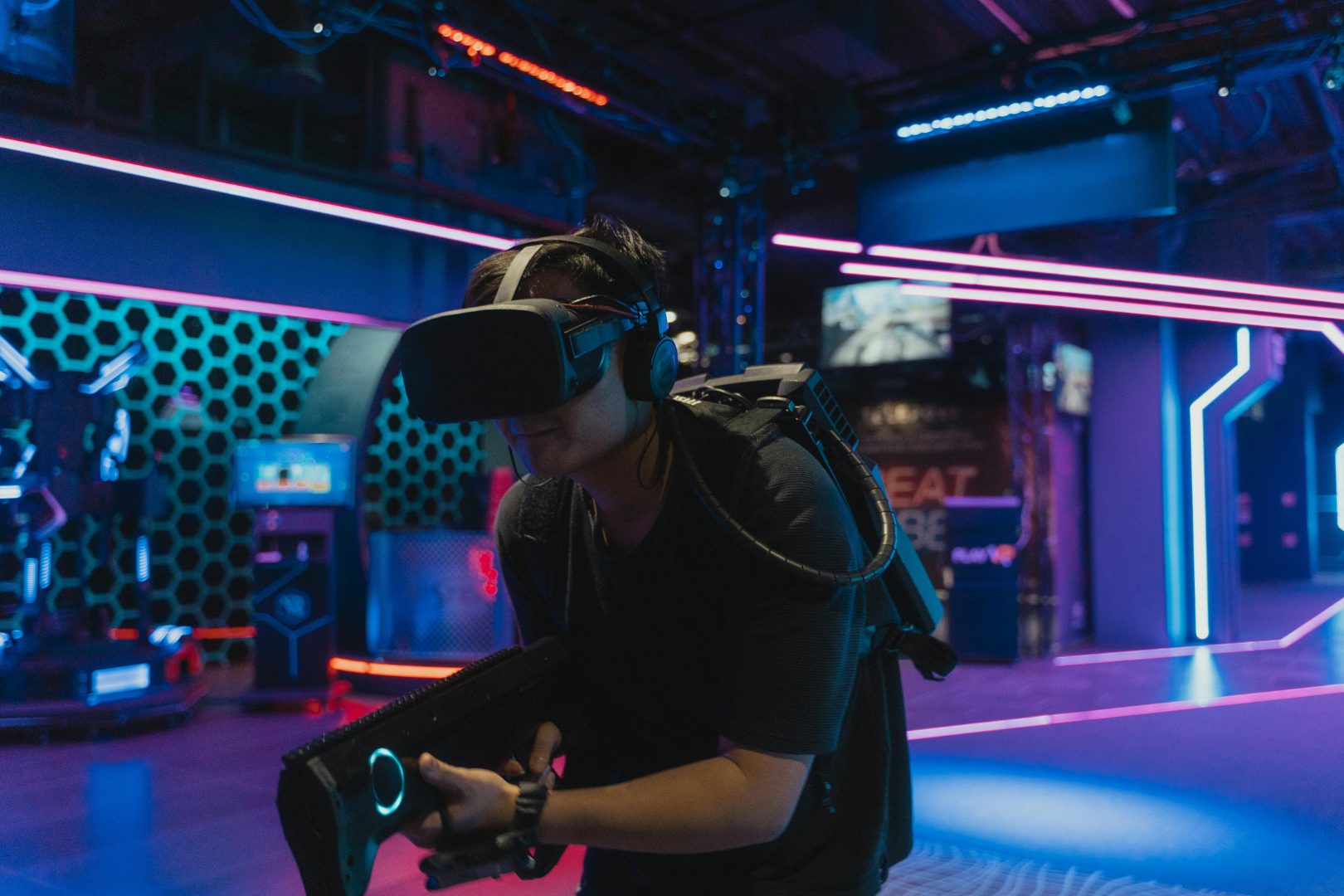 An arcade guest partaking in one of many VR games