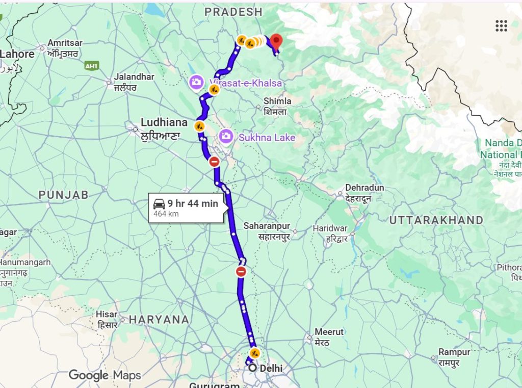 Drive from Delhi to Jibhi on Google Maps