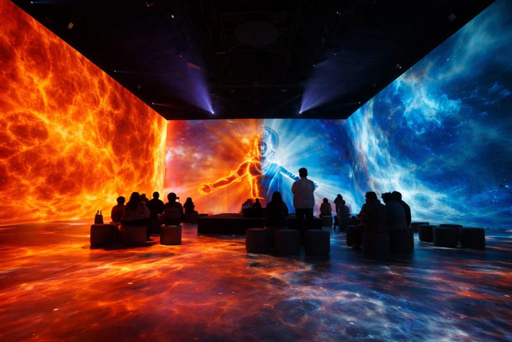 A visually stunning display depicting Shiva with in a cosmic. fiery backdrop as guests look on in awe