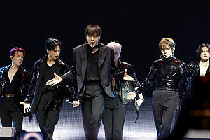 INDIO, CALIFORNIA - APRIL 12: (FOR EDITORIAL USE ONLY) (L-R) Kim Hong Joong, Wooyoung, Jeong Yun-ho, Song Min-gi, Kang Yeo-sang, and Seonghwa of ATEEZ perform at the Sahara Tent during the 2024 Coachella Valley Music and Arts Festival at Empire Polo Club on April 12, 2024 in Indio, California. (Photo by Frazer Harrison/Getty Images for Coachella)