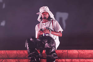 SAO PAULO, BRAZIL - SEPTEMBER 7: Playboi Carti on stage with Abel 'The Weeknd' Tesfaye during the 'After Hours Til Dawn Tour' at MorumBIS on September 7, 2024 in Sao Paulo, Brazil. (Photo by Wagner Meier/Getty Images for Live Nation)