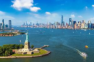 Aerial view of Statue of Liberty, Jersey City, and Lower Manhattan