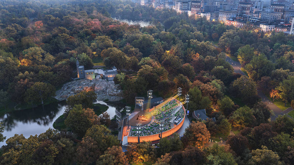Aerial view of revitalized Delacorte Theater rendering