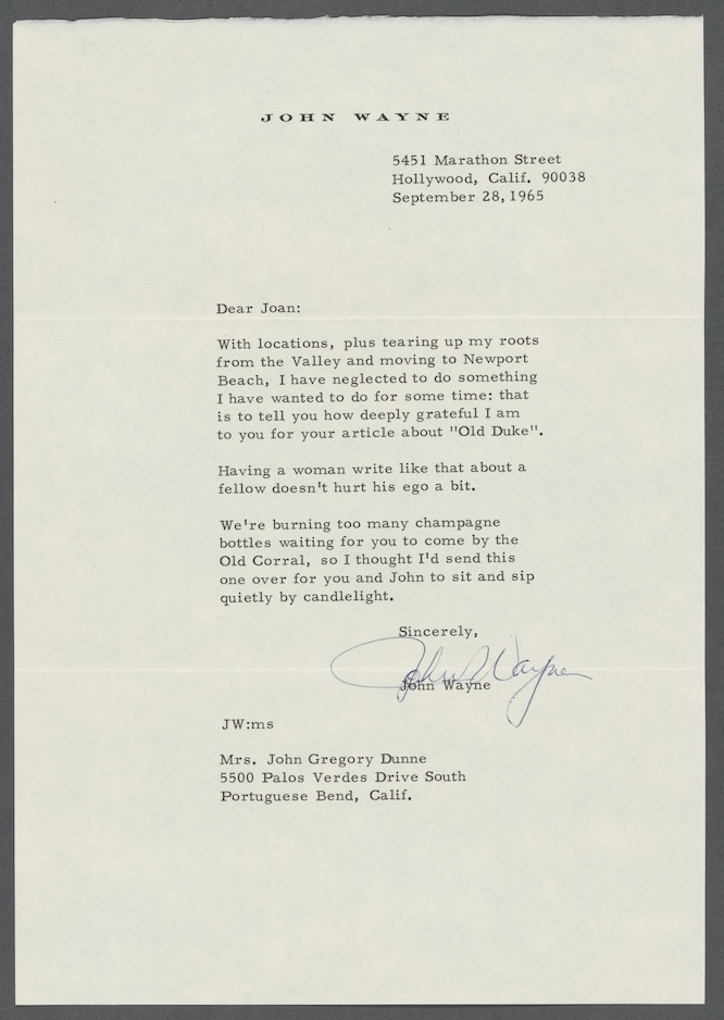 A letter from John Wayne to Joan Didion