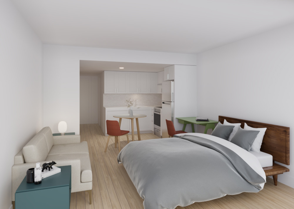 Studio renderings for the former JFK Hilton Hotel's new affordable luxury units