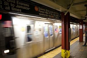 NYC subway train in motion