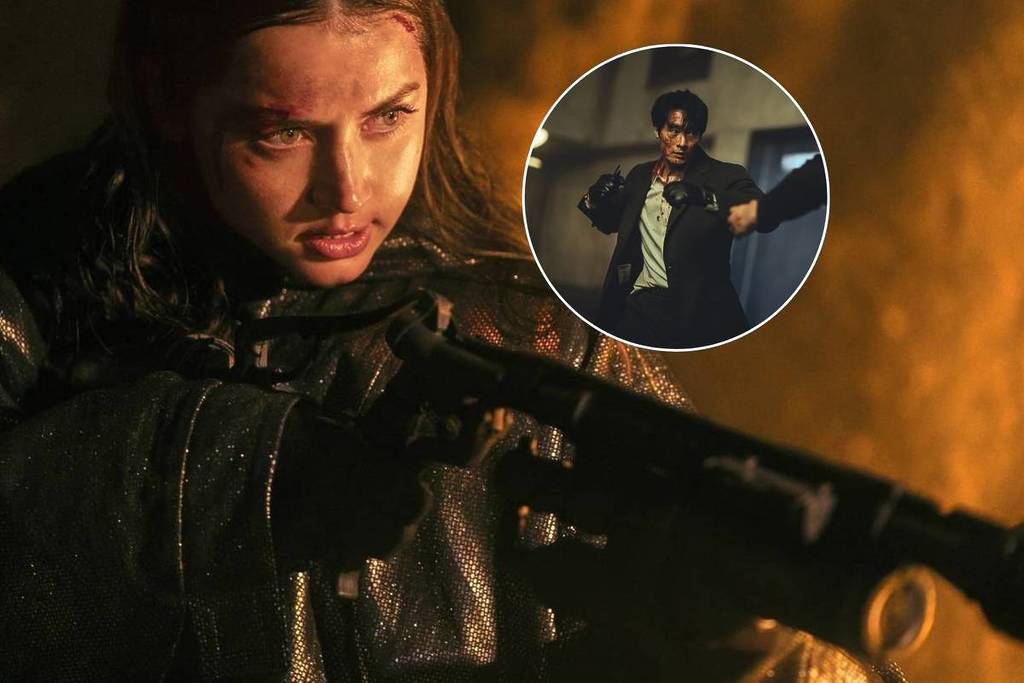 Ana de Armas in Ballerina John Wick Film hält eine Waffe mit Ausschnitt von Mercy for None Szene von Netflix