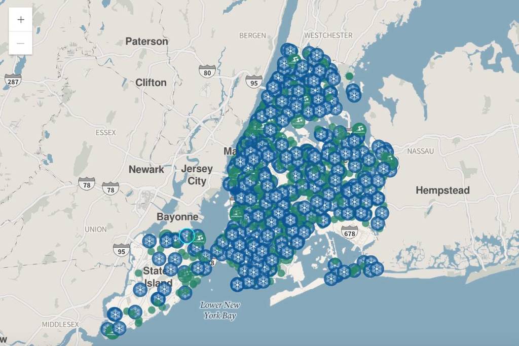 kaart met koelcentra in NYC