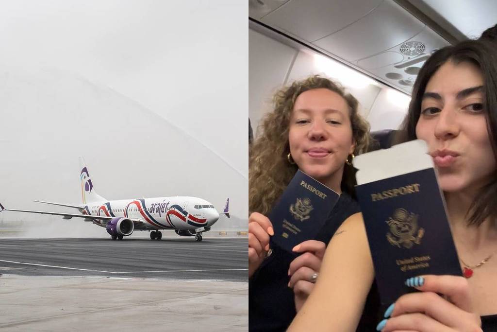 Side by side of an arajet flight on the runway and two women holding up their passports onboard