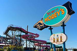 Wildwood, NJ USA -Aug. 2022: The seaside resort town of Wildwood, NJ, is famed for the colorful amusement rides on Morey's Piers, and its iconic boardwalk's many garish food stands and souvenir shops.