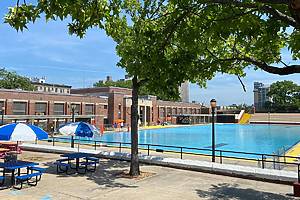 New York, NY USA - June 28, 2021 : The outdoor Highbridge Pool in Washington Heights open for the summer
