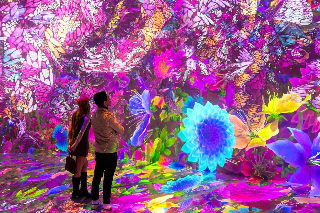 Convidados da exposição Blooming Wonders cercados por uma paisagem digital de flores desabrochando