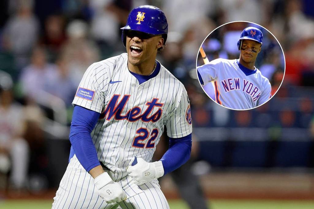 L'image montre Juan Soto célébrant un Home Run avec les Mets en juin.