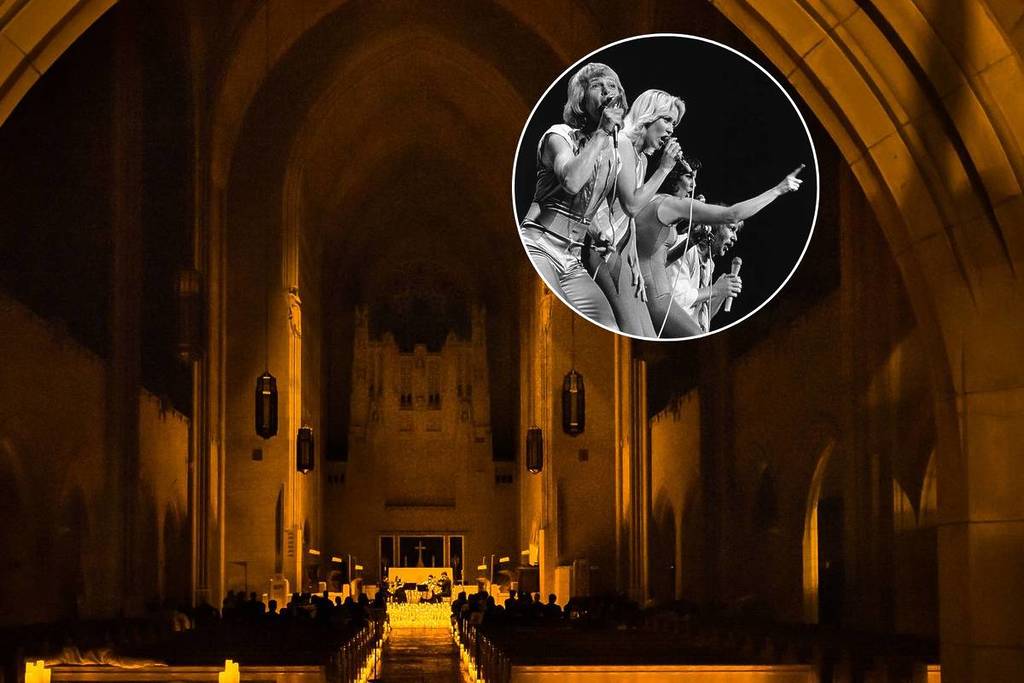 A collage of the Church of Heavenly Rest alongside a picture of ABBA for an ABBA tribute concert in NYC
