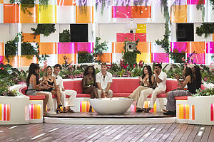 LOVE ISLAND USA -- Episode 702 -- Pictured: (l-r) Isabelle Belle-A Walker, Nicolas Nic Vansteenberghe, Michelle Chelley Bissainthe, Austin Shepard, Huda Mustafa, Jeremiah Brown, Taylor Williams, Olandria Carthen -- (Photo by: Ben Symons/Peacock)