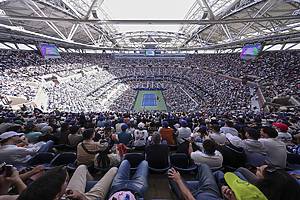 Taylor Fritz and Jannik Sinner in action during a men's singles championship match at the 2024 US Open on Sunday, Sep. 8, 2024 in Flushing, NY. (Dustin Satloff/USTA)