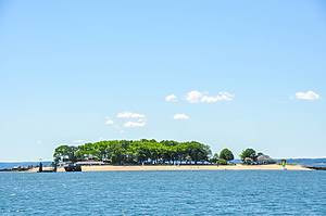 Panoramic view on Island Beach located two miles south of Greenwich Harbor in Greenwich, CT, USA; the island can be reached by ferry for recreational purposes