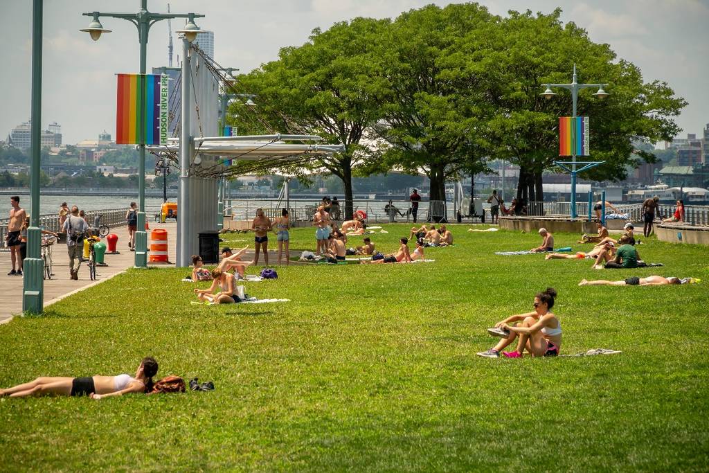 New Yorkers tanning at Pier 45 in Hudson River Park
