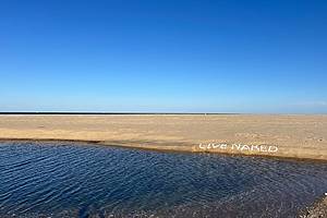 "Live Naked" writings with sea shell during low tide at Gunnison Beach