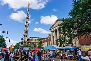 New York, USA - August 12, 2018: the Giglio Feast took place in East Harlem, Brooklyn, in front of Our Lady of Mount Carmel church with participants hefting multi-ton gigli statues
