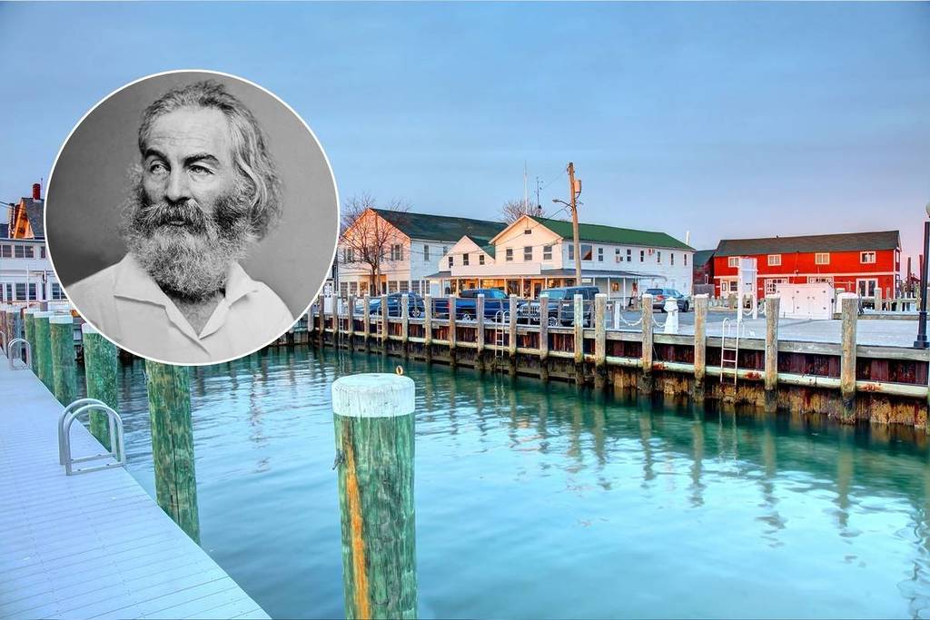 A harbor in Greenport NY and a black and white picture of the author Walt Whitman