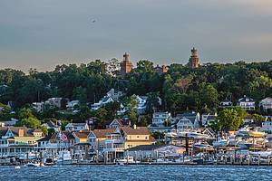 HIGHLANDS, NEW JERSEY - JULY 3: The Marina below the historic Twin Lights Lighthouse on July 3, 2024 in Highlands, New Jersey.