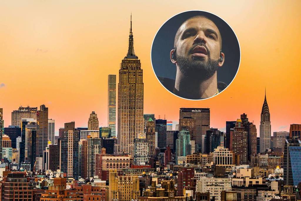 Collage van Drake in NYC skyline