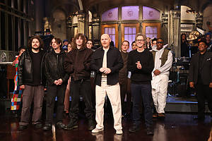 SATURDAY NIGHT LIVE -- Episode 1870 -- Pictured: (l-r) Musical guest Mk.gee, host Bill Burr, and Dana Carvey during Goodnights & Credits on Saturday, November 9, 2024 -- (Photo by: Will Heath/NBC)