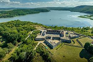 Aerial view of Fort Ticonderoga on Lake George in upstate New York from the revolutionary war era with four bastions, demi lune, ravelin, covered way and glacis