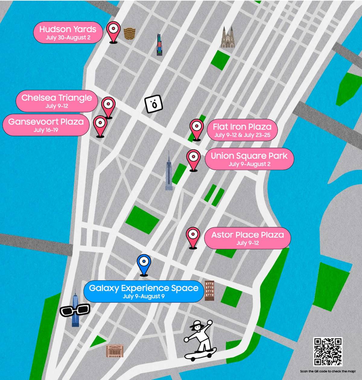 A map detailing the locations and dates of each Samsung Galaxy pop up around Manhattan.