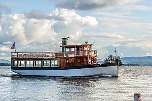Bolton Landing, NY - US - Sept 9, 2017 Landscape view of the Sagamore Hotel’s iconic The Morgan, a 72-foot replica of 19th century touring vessel.Use for cruises on Lake George.