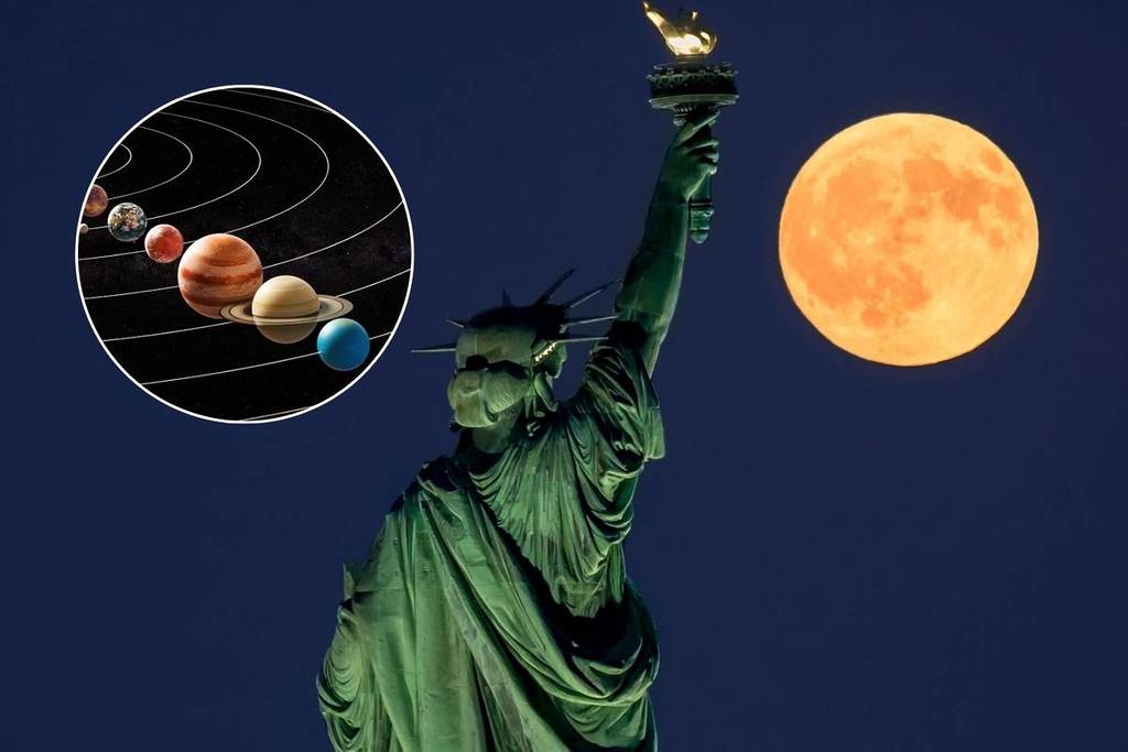 Luna llena sobre la Estatua de la Libertad con una foto circular de una alineación planetaria