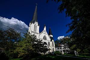 Old Post Road in Bedford Village Historic District on a sunny summer day; Bedford, NY, USA
