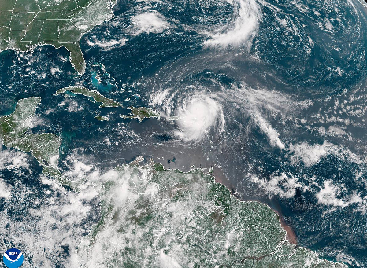 ATLANTIC OCEAN - AUGUST 16: In this NOAA image taken by the GOES satellite, Hurricane Erin crosses the Atlantic Ocean as it moves west on August 16, 2025. According to the National Hurricane Center, Erin has strengthened to a Category 5 storm as the first major hurricane of the 2025 season. (Photo by NOAA via Getty Images)