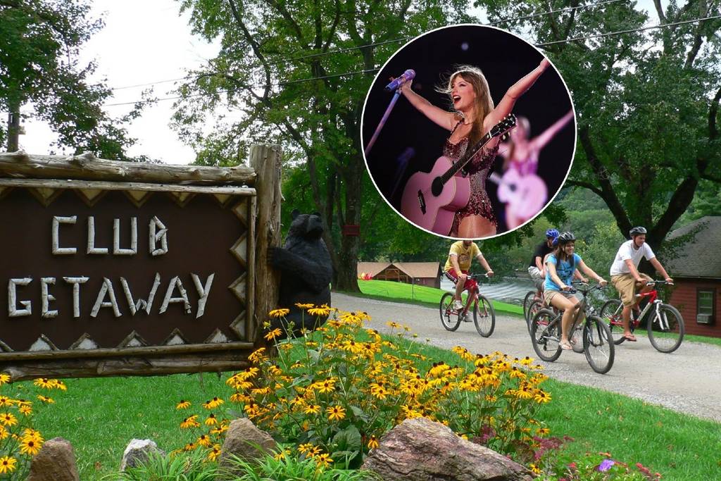 Camp Getaway com uma imagem ampliada de Taylor Swift no palco