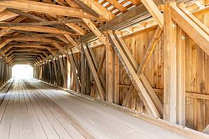 Historic Hamden timber covered bridge in the Hamlet of Hamden, Delaware County NY