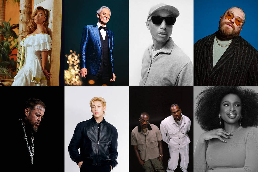 The artists performing at Grace for the World: Karol G, Andrea Bocelli, Pharrell, Teddy Simms, Jennifer Hudson, Clipse, BamBam and Jelly Roll