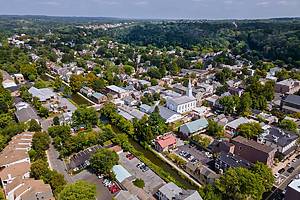 Overhead view Lambertville New Jersey USA the small town residential suburban area with bridge across the river in the historic city New Hope Pennsylvania US