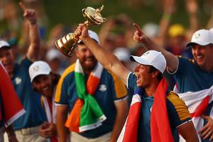 ROME, ITALY - OCTOBER 01: Viktor Hovland of Team Europe celebrates with the Ryder Cup Trophy after his teams victory during the Sunday singles matches of the 2023 Ryder Cup at Marco Simone Golf Club on October 01, 2023 in Rome, Italy. (Photo by Naomi Baker/Getty Images)