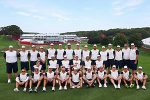 FARMINGDALE, NEW YORK - SEPTEMBER 15: Team captains, players, and caddies of Team Europe sit for the official team photo ahead of the 2025 Ryder Cup at Black Course at Black Course at Bethpage State Park Golf Course on September 15, 2025 in Farmingdale, New York. (Photo by Andrew Redington/Getty Images)