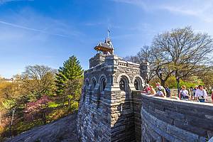 On a sunny spring day, a beautiful view of Belvedere Castle unfolds, with people admiring the sights of the castle and the surrounding Central Park. NY. USA. 04.15.2024.