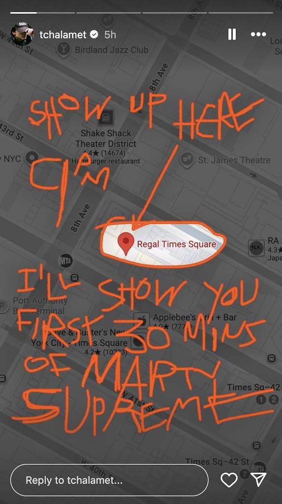 Timothee Chalamet Marty Supreme IG Story