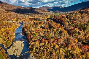 Foliage colors aerial view at Catskills Woodstock in New York at sunrise