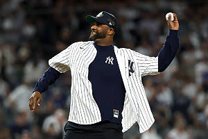 NEW YORK, NEW YORK - OCTOBER 07: Former New York Yankee CC Sabathia throws the ceremonial first pitch before the game between the New York Yankees and the Toronto Blue Jays in game three of the American League Division Series at Yankee Stadium on October 07, 2025 in the Bronx borough of New York City. (Photo by Al Bello/Getty Images)