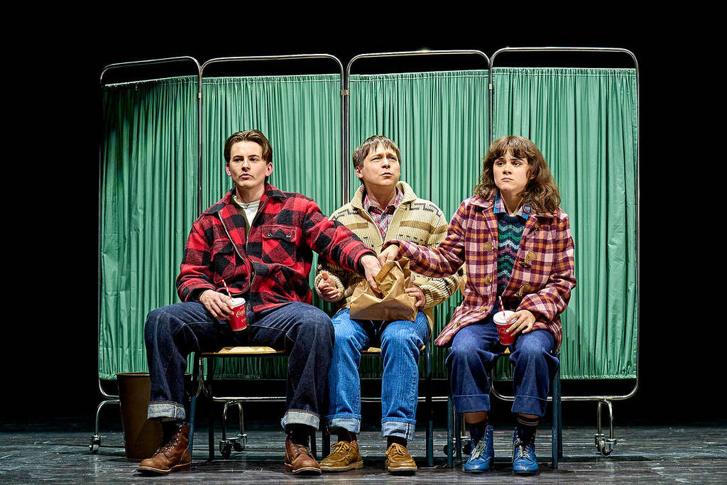 Oscar Lloyd (James Hopper Jr), Christopher Buckley (Bob Newby), Isabella Pappas (Joyce Maldonado) in Stranger Things: The First Shadow