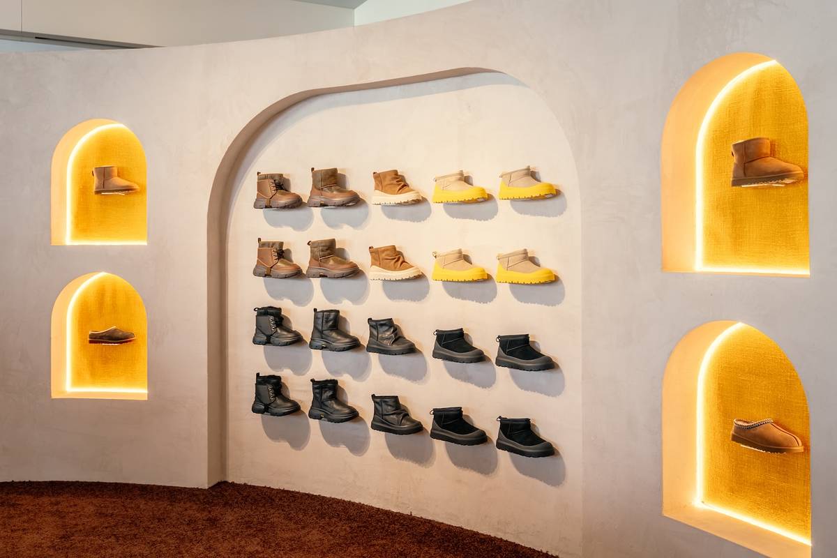 A wide shot of different styles of UGG boots on display at the Feel House pop up