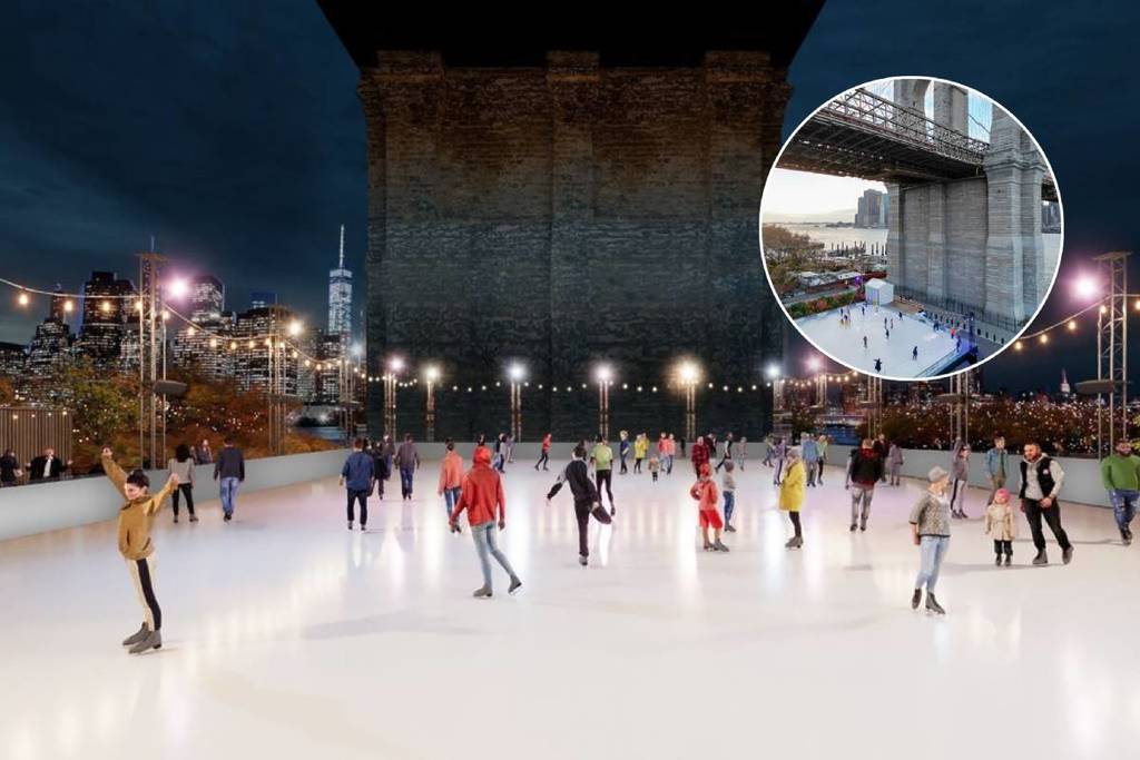 Pessoas patinando no gelo no Roebling Rink sob a ponte do Brooklyn