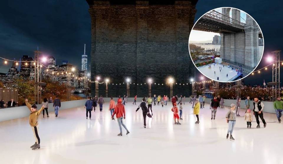 La magica pista di pattinaggio sul ghiaccio di New York sotto il ponte di Brooklyn torna a novembre con una spettacolare vista sullo skyline