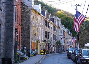 Jim Thorpe, Pennsylvania, U.S.A - October 19, 2024 - The colorful buildings with restaurant, bars and town homes on Race Street
