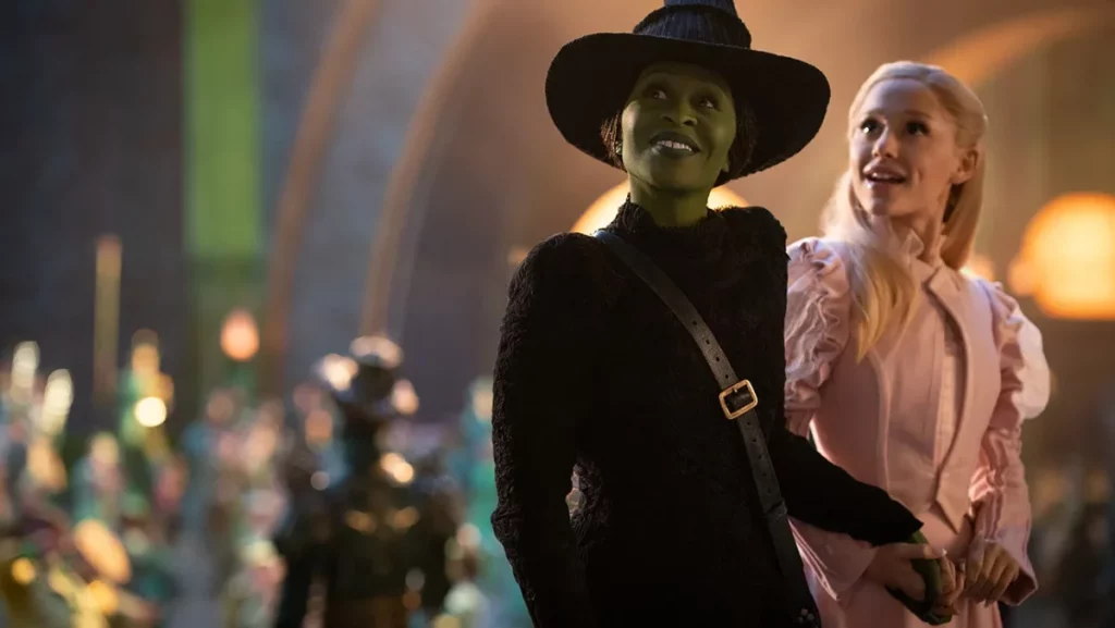 A still from Wicked featuring Elphaba and Glinda ahead of Wicked For Good NYC double feature event.